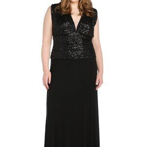 R&M Richards - Black Sequin Evening Gown w/ V-Neckline &Jersey Knit Skirt 18W